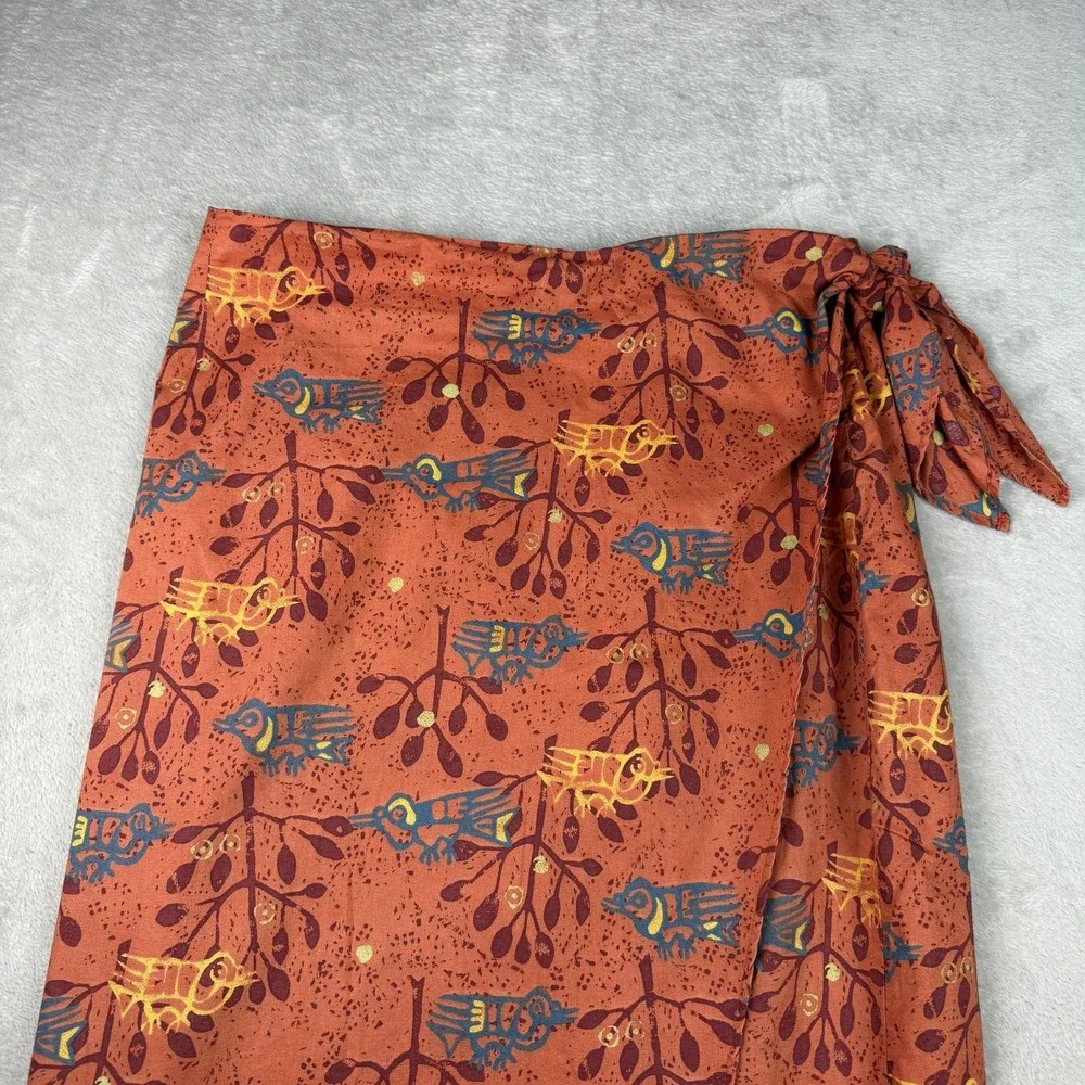 Peruvian Connection Skirt Womens 14 Orange Bird Print Wrap Pima Cotton Midi Boho